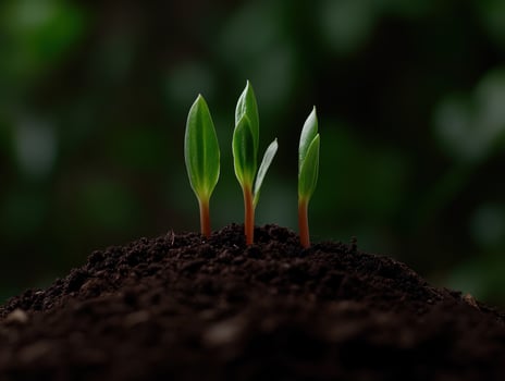 New plant sprouts emerging from dark soil in a lush garden setting photo