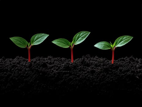 Seedlings growing in dark soil with vibrant leaves and roots exposed photo