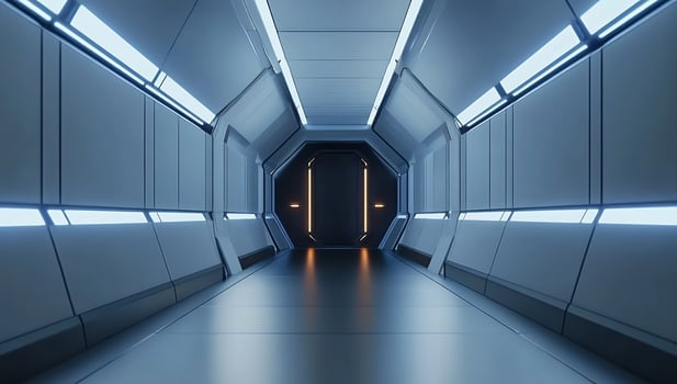 A futuristic tunnel with a door at the end photo