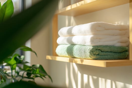 A shelf with towels and plants in a bathroom photo