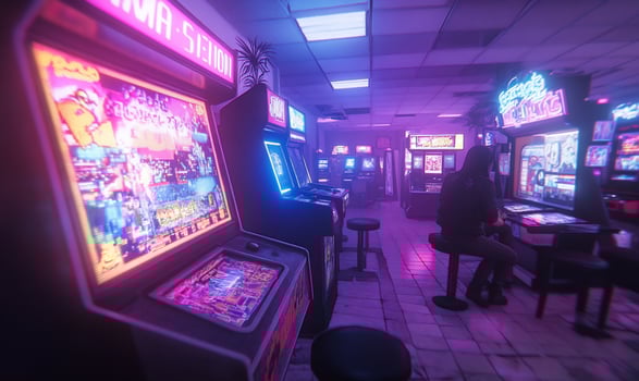 A man is standing in front of a row of arcade machines photo