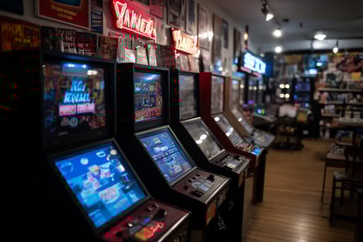 A row of arcade machines in a store photo