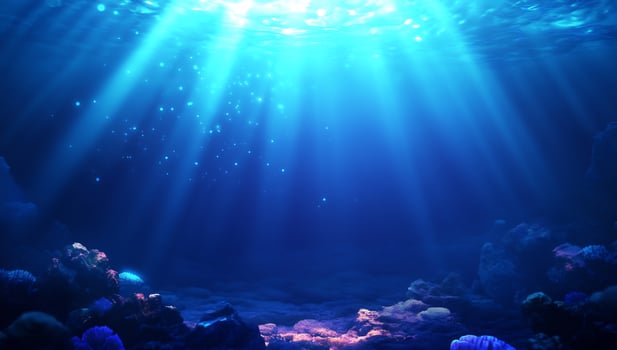 Underwater scene with rays of light illuminating coral and marine life. photo