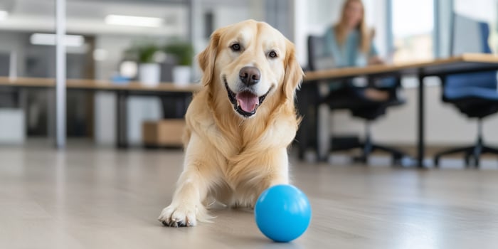 A playful golden retriever with a blue ball in an office setting. photo