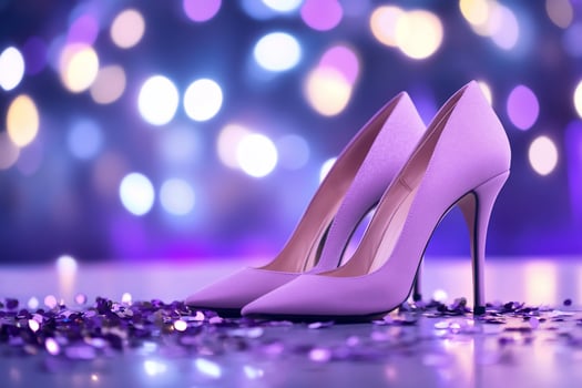 Purple high heeled shoes on a table with lights photo