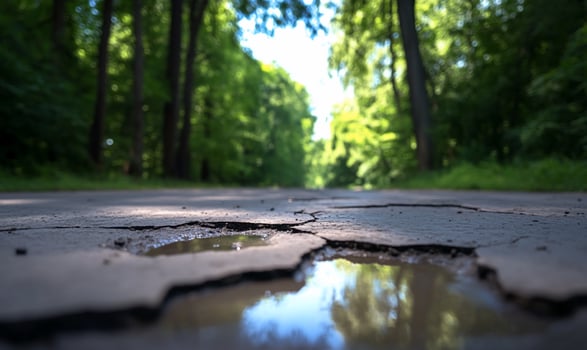 A cracked road with puddles reflecting sunlight in a forest setting. photo