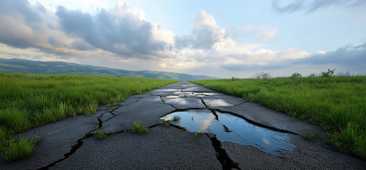 Cracked road through lush green fields under a cloudy sky. photo