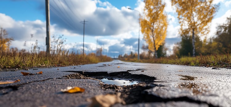 A cracked road with autumn trees under a cloudy sky. photo