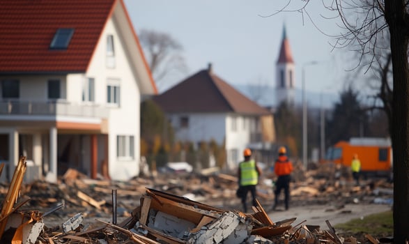 Aftermath of a disaster with rescue workers and damaged buildings. photo