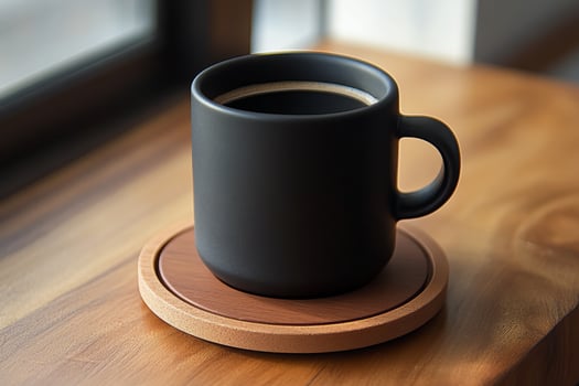 Warm coffee in black mug placed on wooden coaster near a window in morning light photo