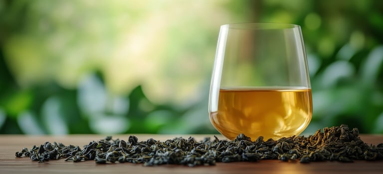 Refreshing glass of herbal tea surrounded by lush greenery and delicate flowers in a serene natural setting photo