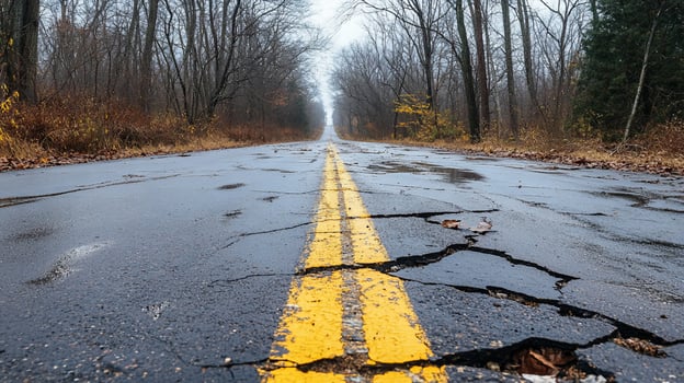 A cracked, wet road stretches through a desolate, wooded area. photo
