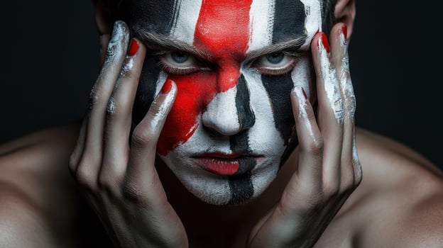A man with a painted face and red and white stripes photo