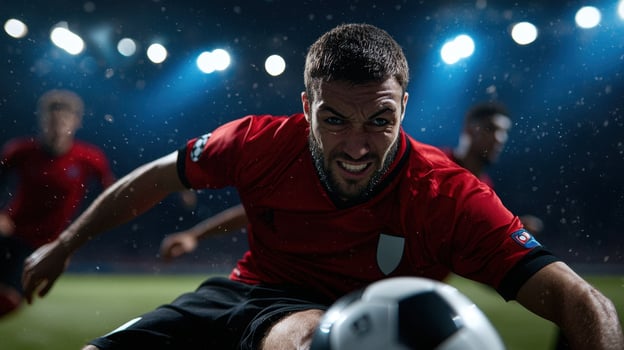 A man in a red shirt is kicking a soccer ball photo
