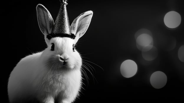 Black and white photo of a rabbit wearing a party hat
