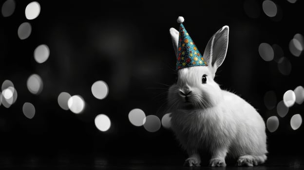 A black and white photo of a rabbit wearing a party hat