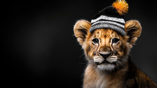 A lion cub wearing a hat on a black background photo
