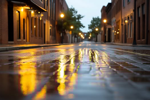 A wet street reflecting warm lights in a quiet urban setting. photo