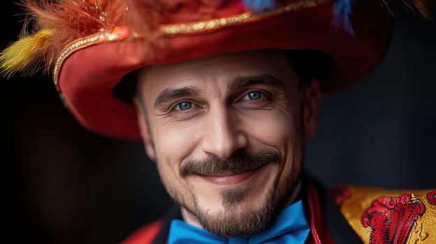 A man in a colorful hat and bow tie photo