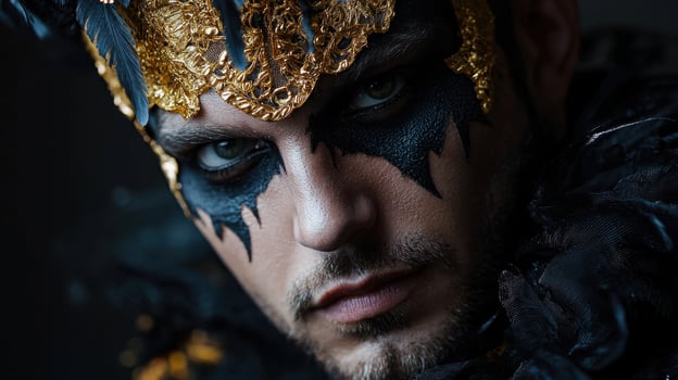 A man with black and gold makeup and feathers photo