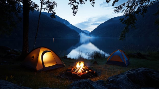 A campsite with two tents and a fire photo