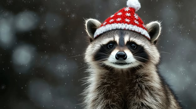A raccoon wearing a christmas hat photo