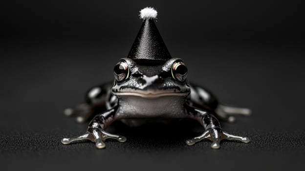A frog wearing a black hat is standing on a black background photo