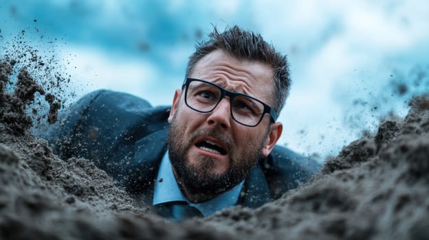 A man in a suit is digging through the sand photo