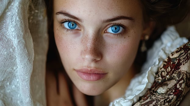 A woman with blue eyes and a white dress photo