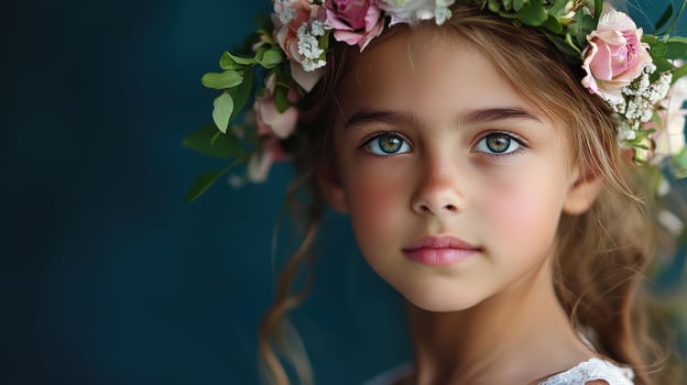 A young girl with a flower crown on her head photo