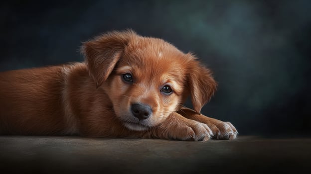 A brown puppy laying down on a dark background photo