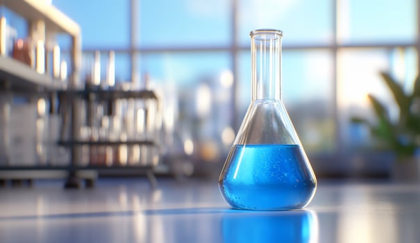 A laboratory flask containing blue liquid, symbolizing scientific research. photo