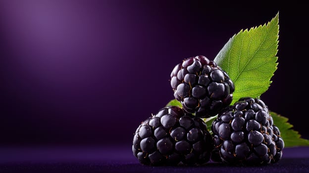 Blackberry with leaves on purple background photo