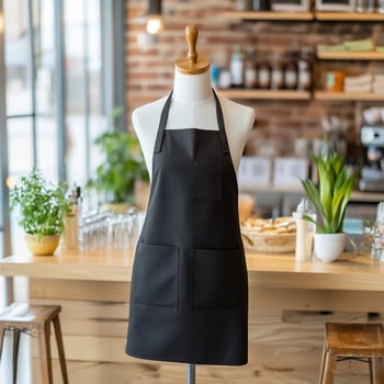 A black apron on a mannequin in front of a coffee shop photo