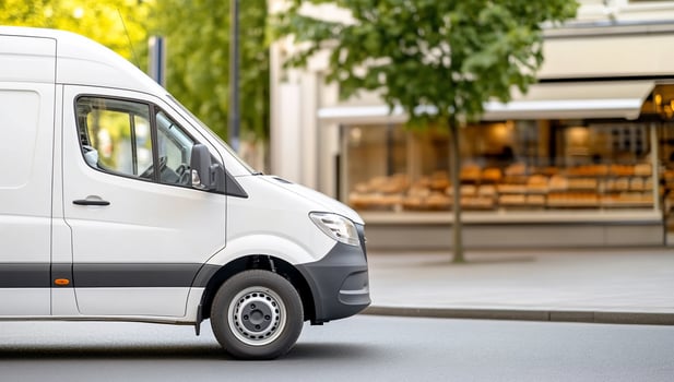 A white van is parked on the street photo