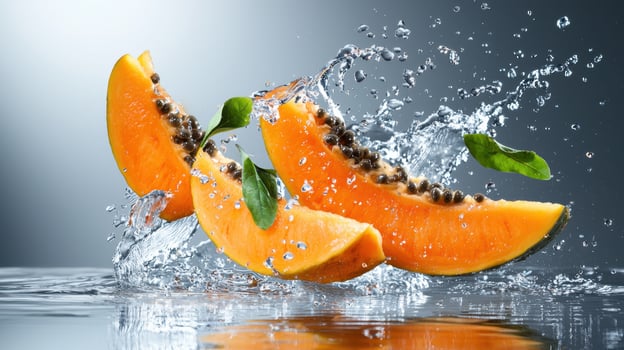 Papaya slices with water splashing on a gray background photo