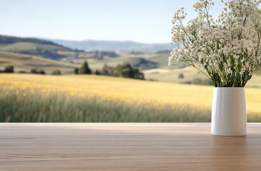 A white vase with flowers sitting on a table in front of a field photo