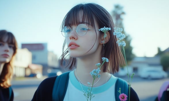 A young woman with flowers in her hair, gazing thoughtfully outdoors. photo