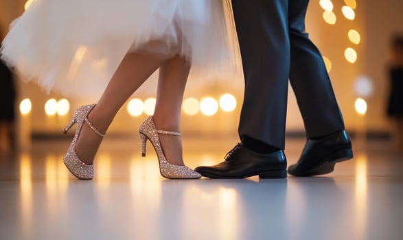 A couple's feet in elegant shoes, dancing at a celebratory event. photo