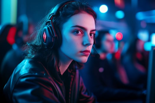A focused gamer wearing a headset in a vibrant gaming environment. photo