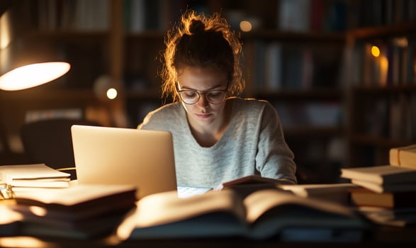 A student studying late at night with books and a laptop. photo