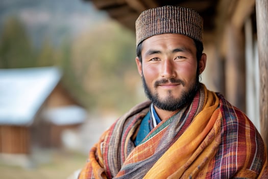 A smiling man in traditional attire stands outdoors, showcasing cultural heritage. photo