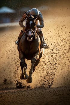 Jockey racing on a horse during sunset on a dirt track, dust swirling around in the air photo