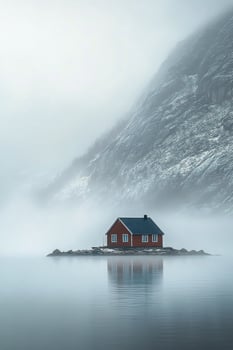 Lonely white house beside a calm lake in a misty mountainous landscape at dawn photo
