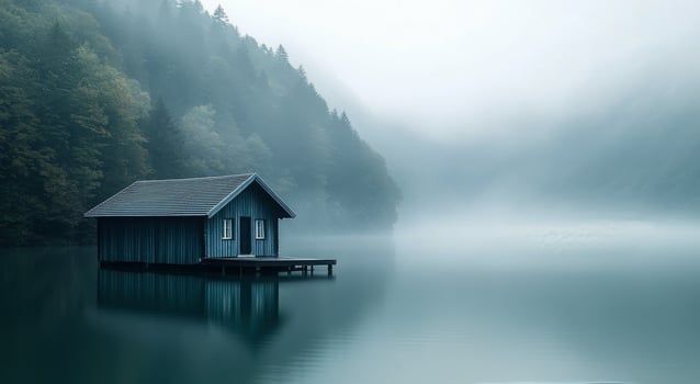 Serene wooden cabin on a misty lake surrounded by mountains and autumn foliage photo