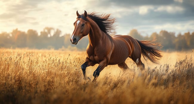 Beautiful black horse galloping through a golden field during the golden hour photo