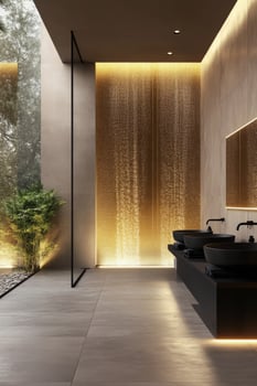 Elegant bathroom design with modern fixtures and illuminated wall features photo