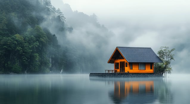 Serene wooden cabin on a misty lake surrounded by mountains and autumn foliage photo