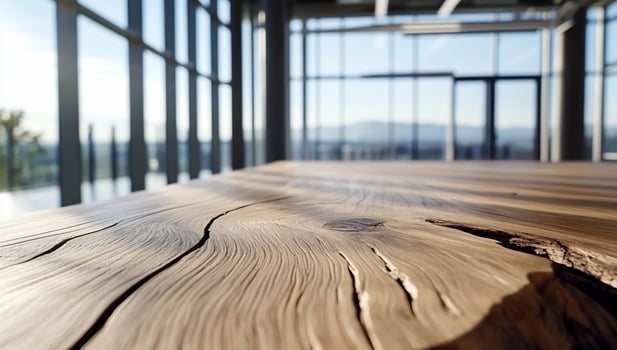 Close-up of a wooden table in a modern office space with glass walls. photo