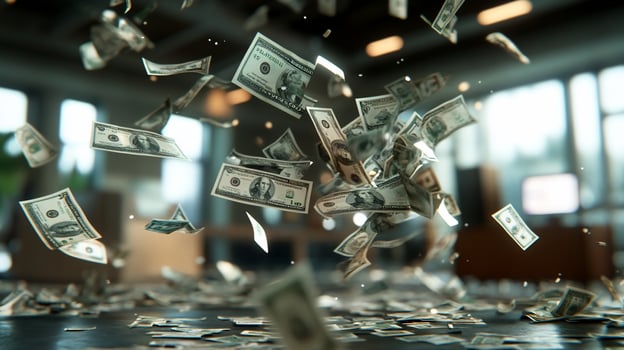 A whirlwind of flying dollar bills in a modern office setting. photo
